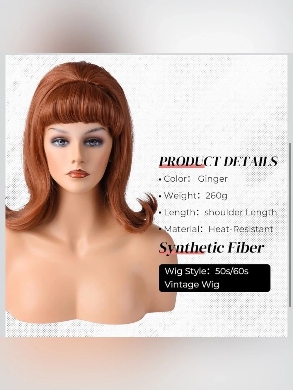 NWT LONAI Retro Brown Wig 50s 60s 70s Wig with Bangs  Synthetic Hair Ginger